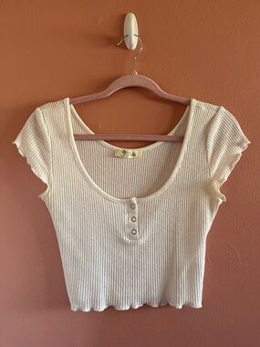 T Bella White Ribbed Scoop Henley Crop Top with Ruffle Trim